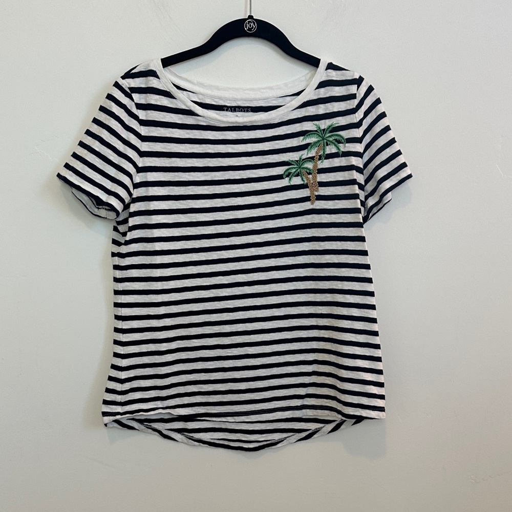 Talbots Navy and White Striped Tee with Palm Tree Beaded Embroidery Size Medium